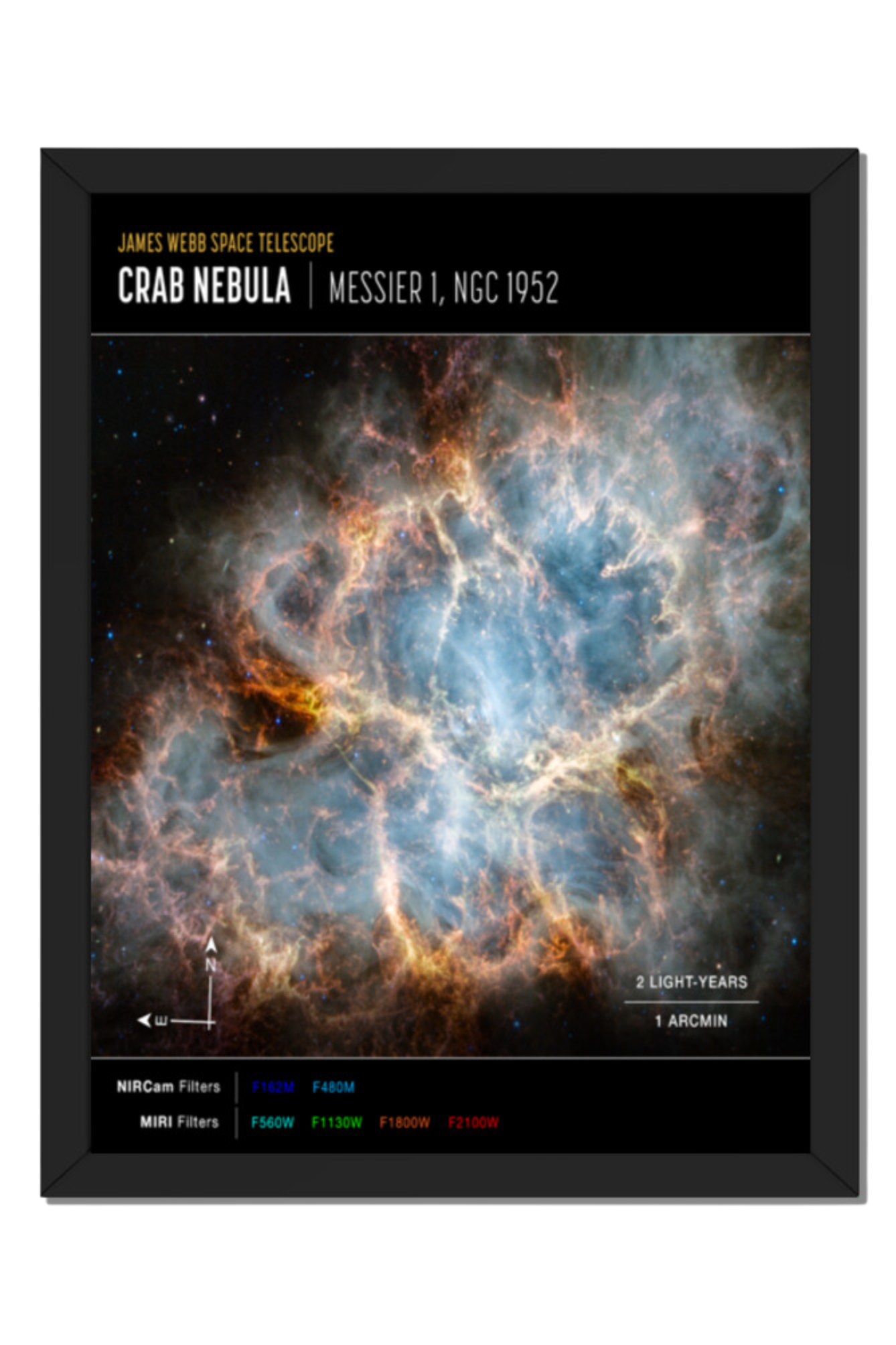 JWST FRAMED POSTER - M1 CRAB NEBULA 8X 24 inch