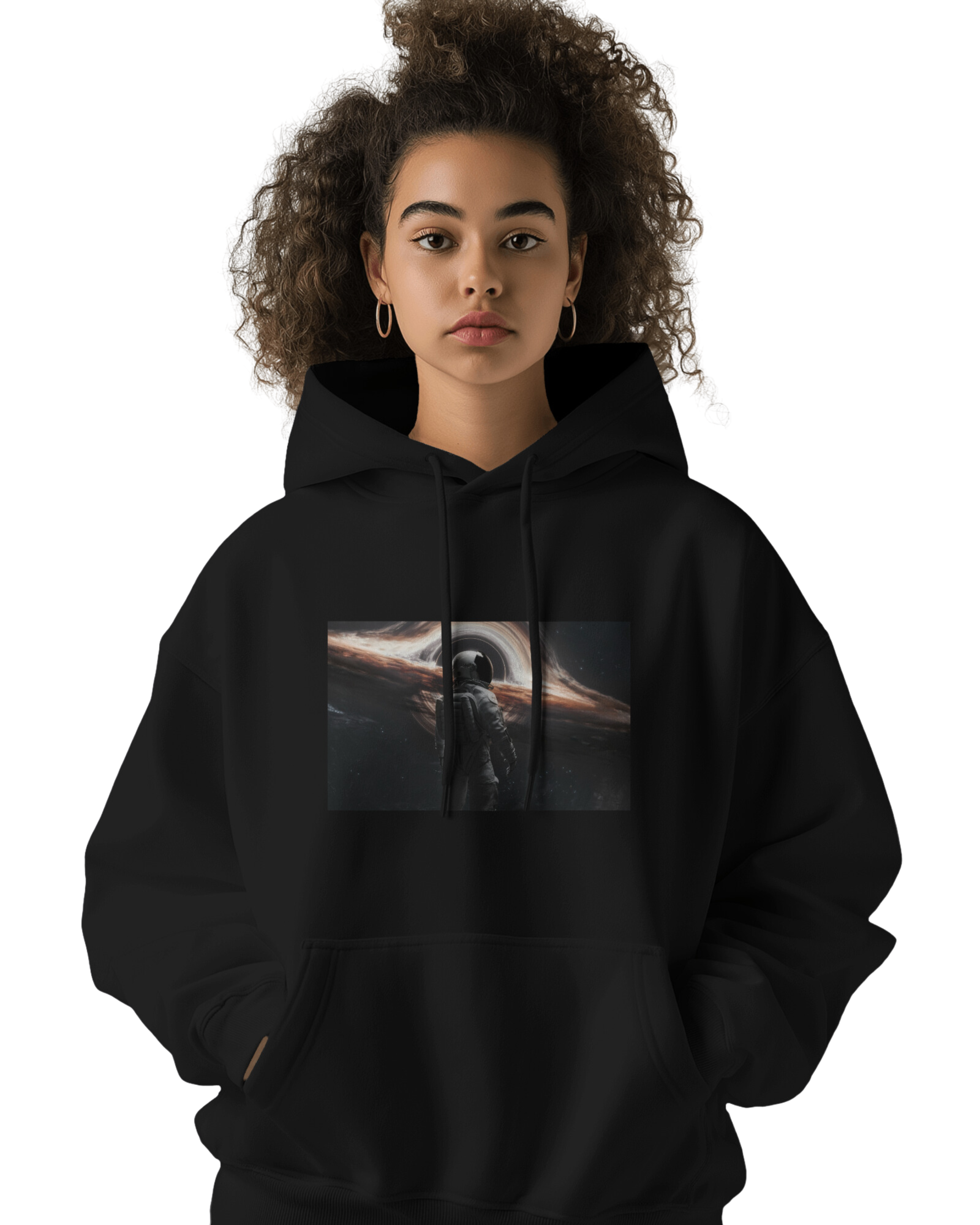 COSMIC WANDERER HOODIE – ASTRONAUT AND BLACK HOLE DESIGN