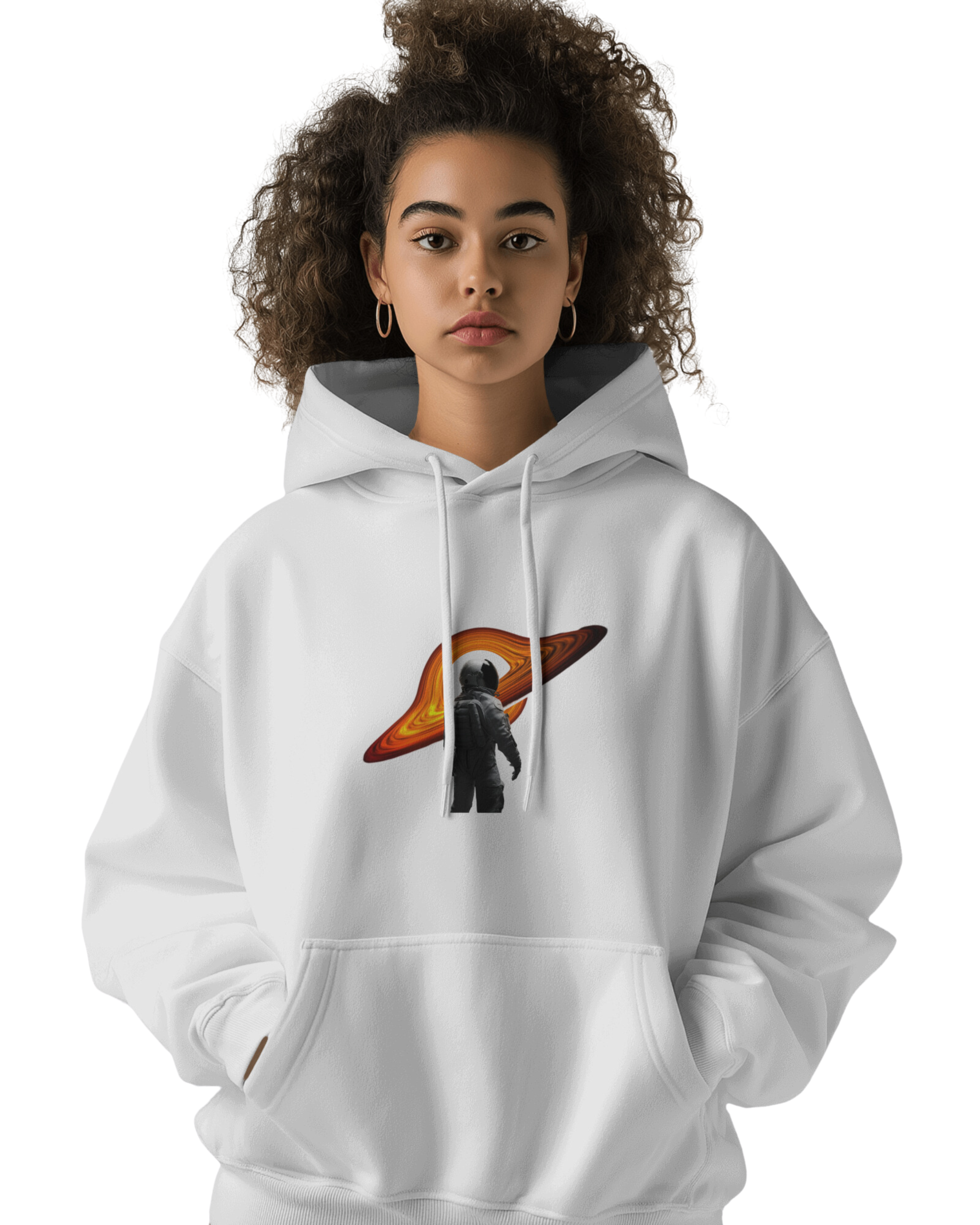 UNISEX ASTRONAUT IN FRONT OF BLACK HOLE HOODIE – COSMIC ADVENTURE DESIGN