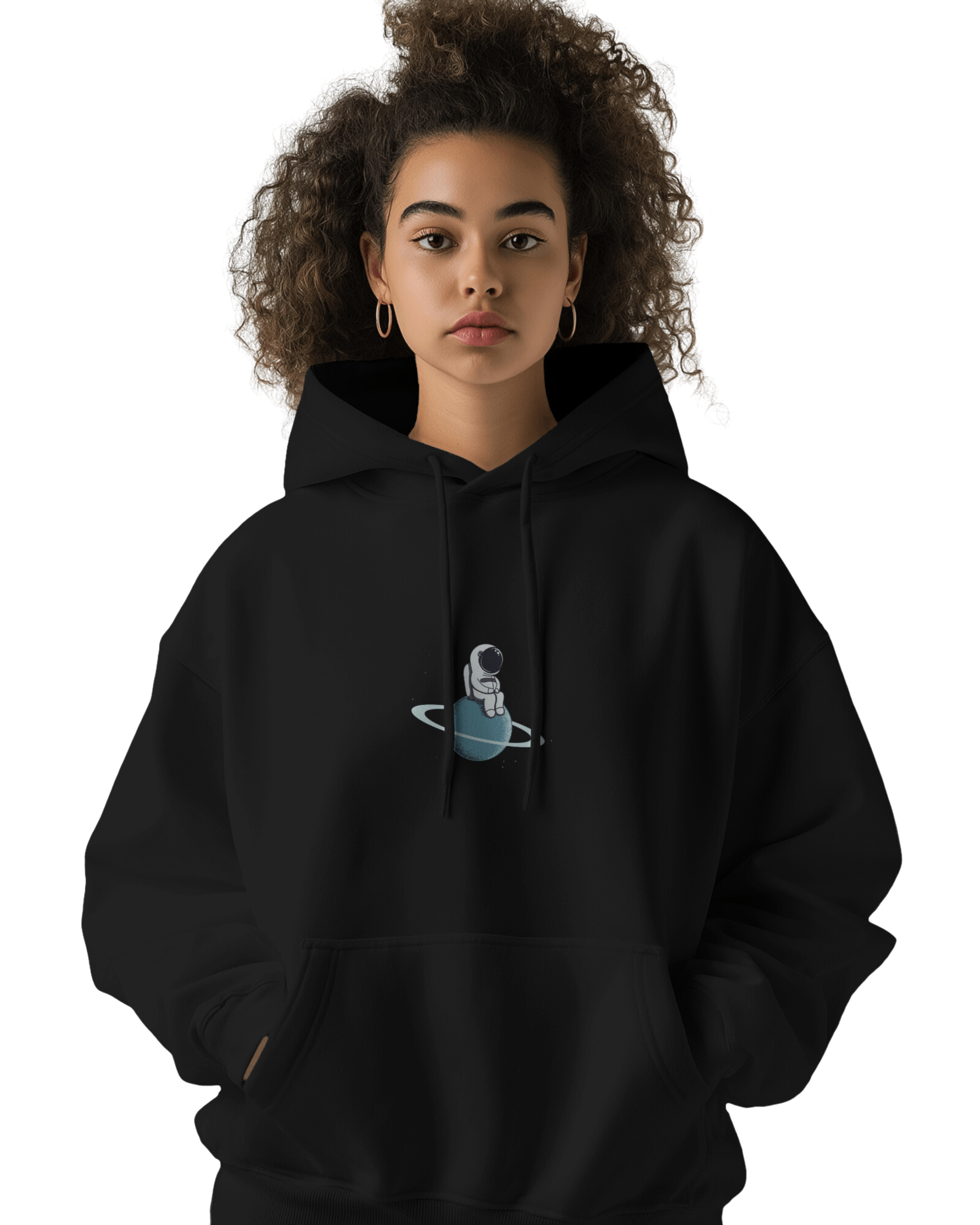 UNISEX BLACK ASTRONAUT ON SATURN HOODIE – SPACE EXPLORER DESIGN