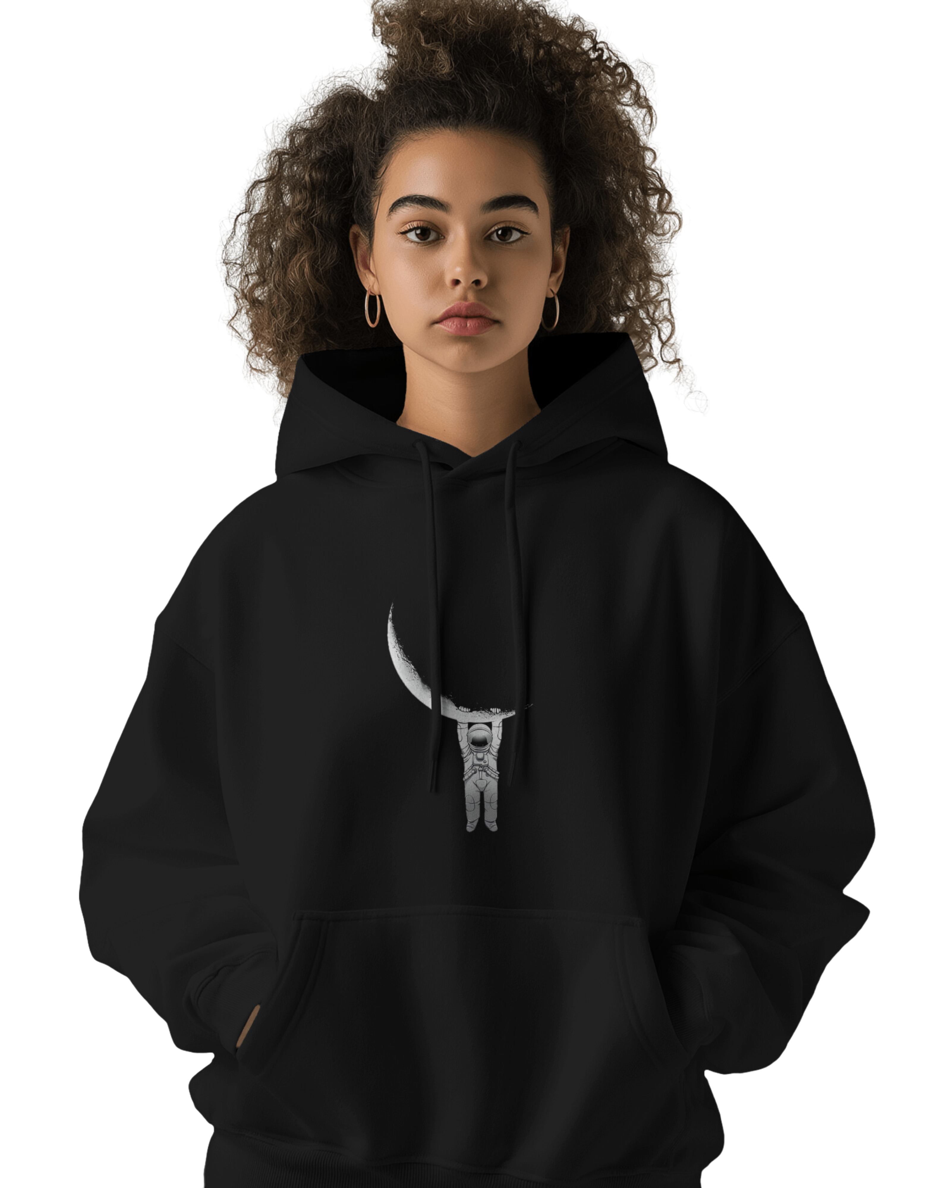 UNISEX BLACK ASTRONAUT HANGING ON THE MOON HOODIE – COSMIC ADVENTURE DESIGN