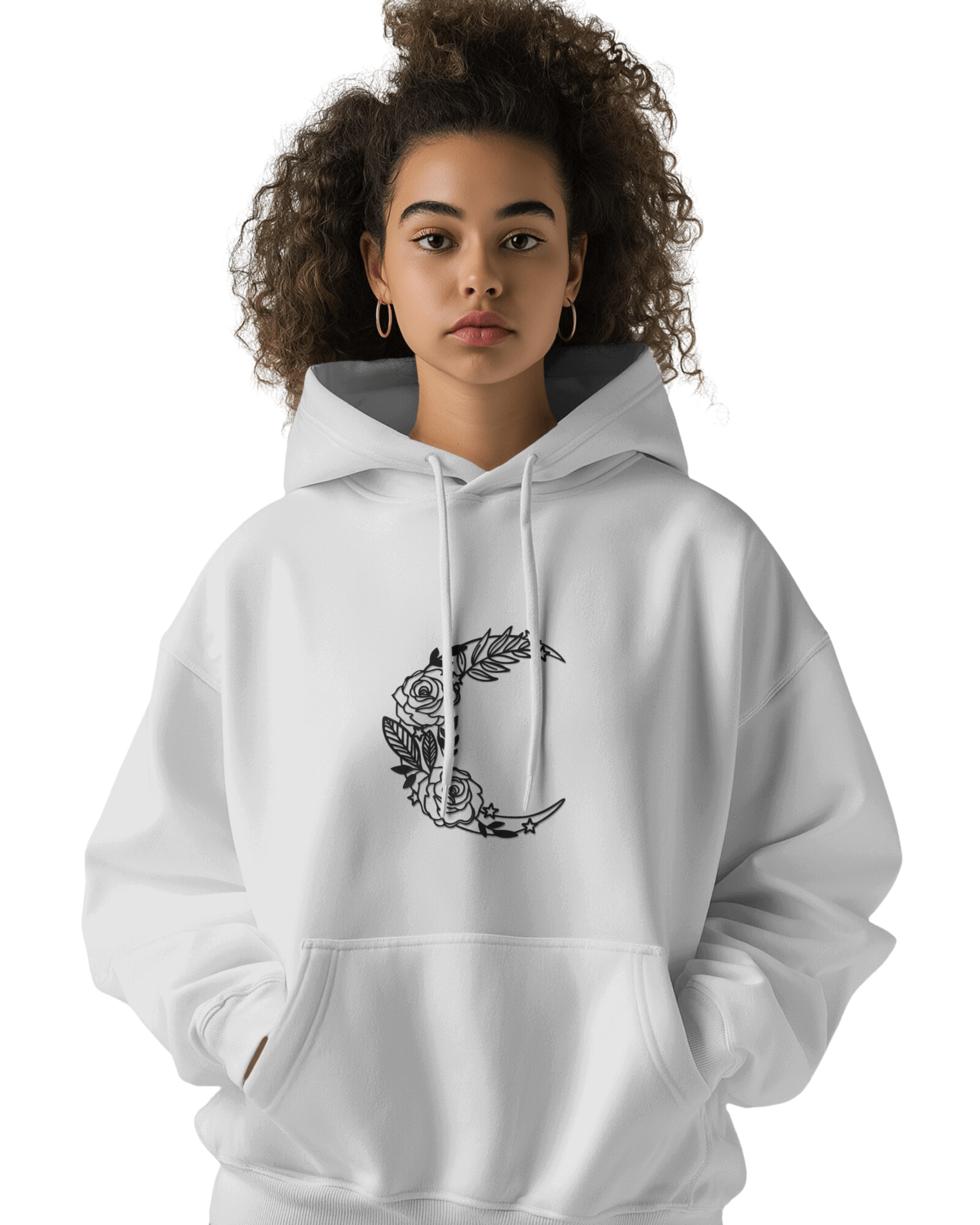 UNISEX MOON CRESCENT WHITE HOODIE – FLORAL LUNAR DESIGN