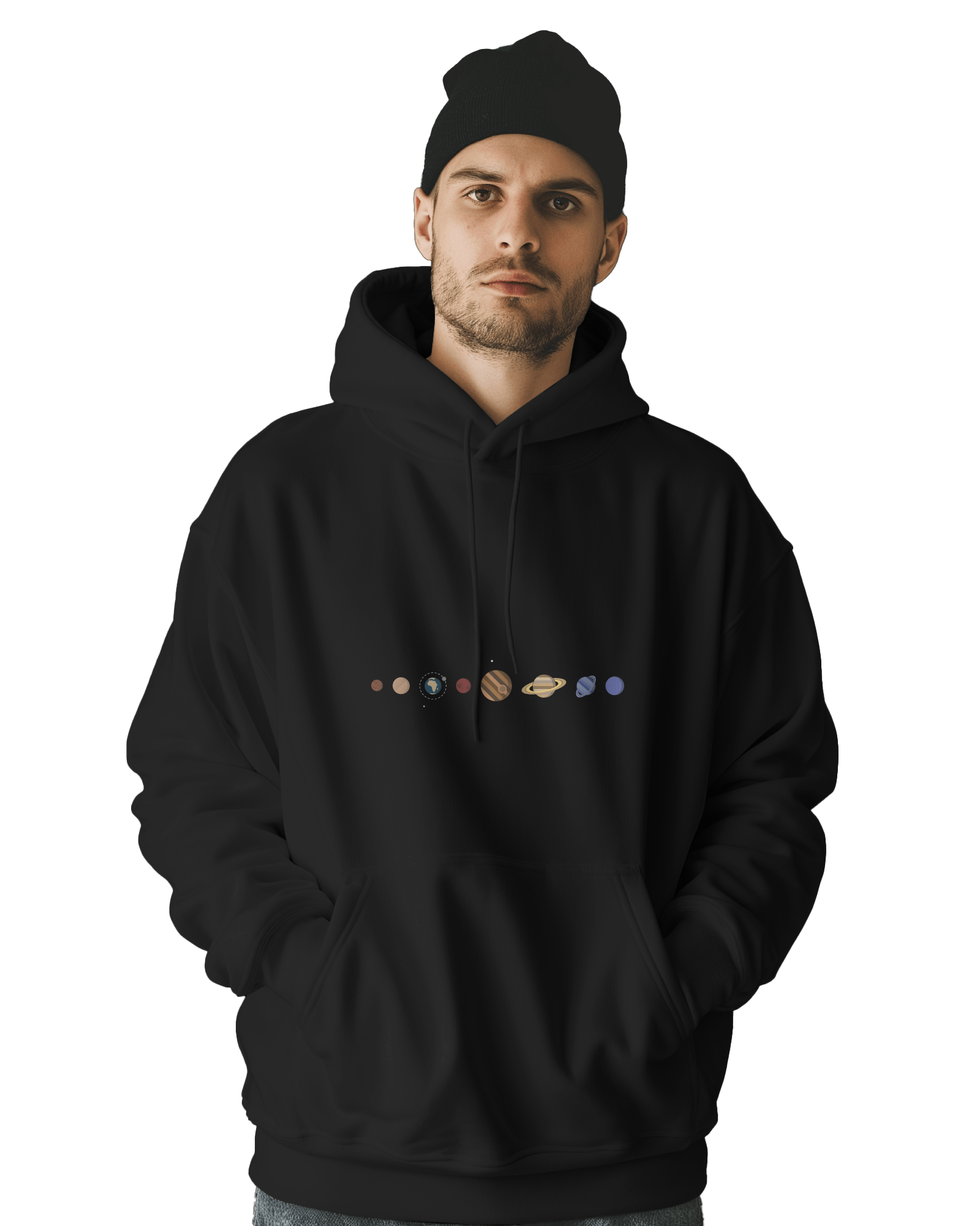 UNISEX BLACK/WHITE SOLAR SYSTEM HOODIE – PLANET GRAPHIC DESIGN