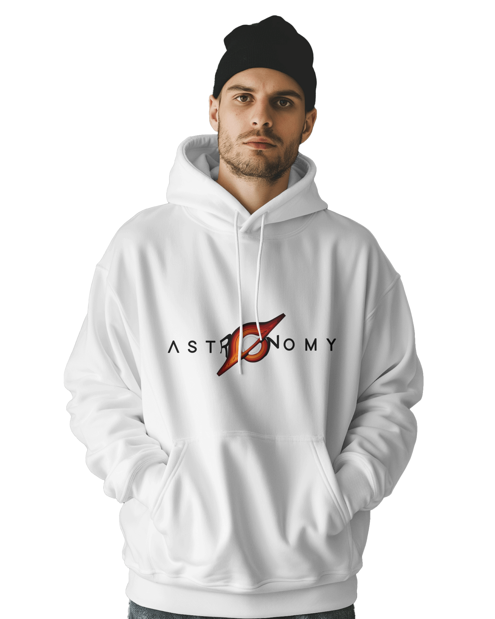 UNISEX WHITE ASTRONOMY HOODIE – BLACK HOLE "O" DESIGN